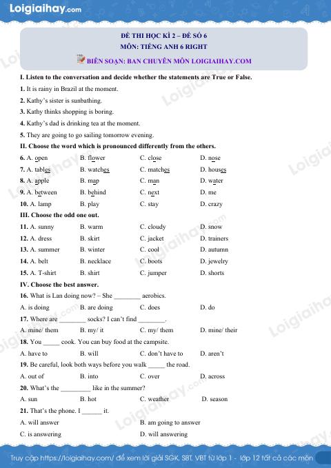 Đề thi giữa kì 2 Tiếng Anh 6 Right on! - Đề số 6
